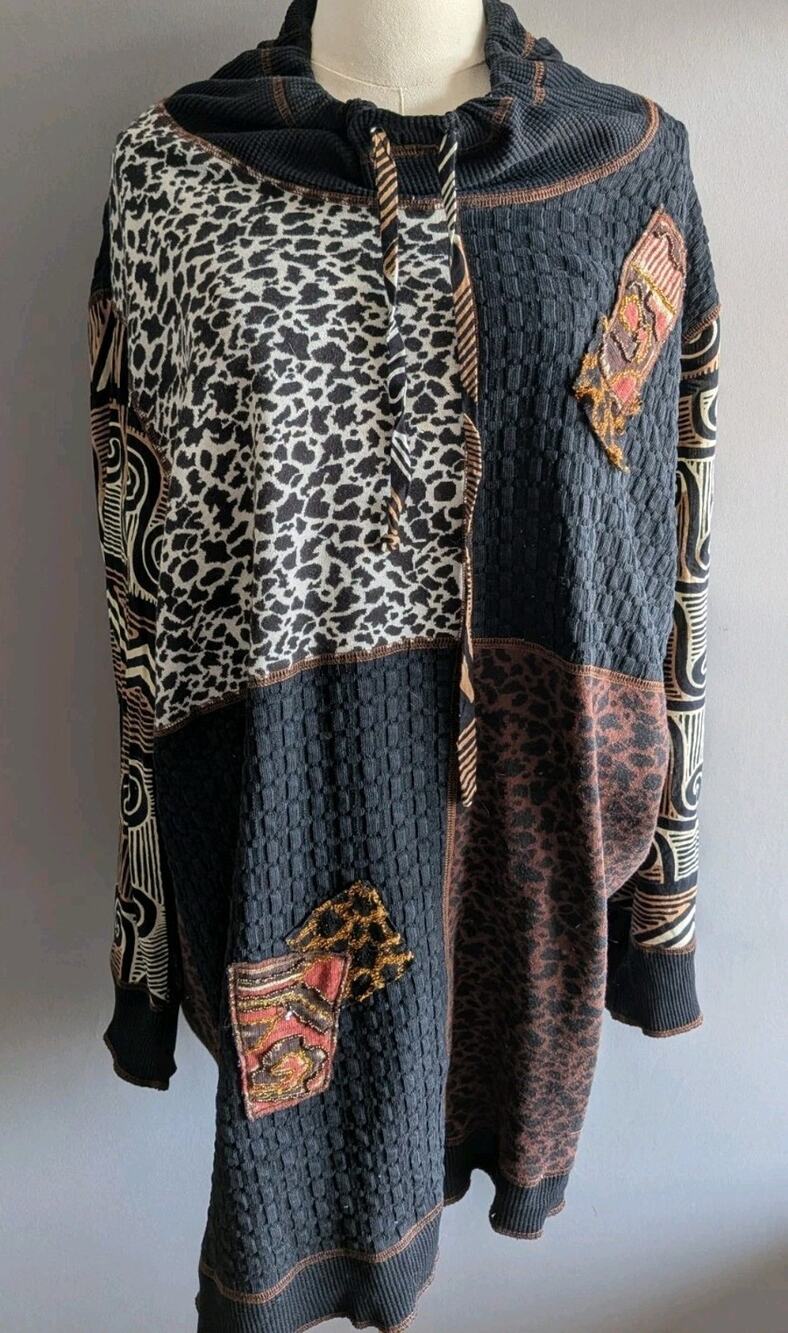 Patchwork Tunic Sweater 3X Animal Print Boho Artsy Cotton Wearable Art